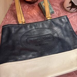 Coach Two-Tone Navy/Black and Cream Tote with Beautiful Stamped Leather